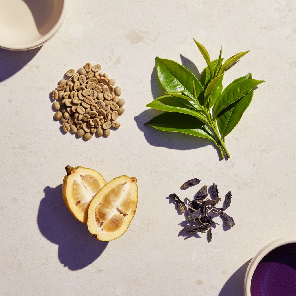 Green coffee beans, green tea leaves, garcinia cambogia fruit and botanical herbs in a flat-lay