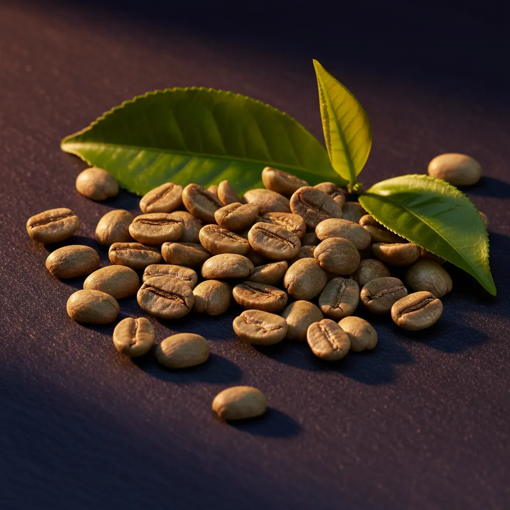 Macro close-up of green coffee beans and green tea leaves - green coffee extract supplement AU